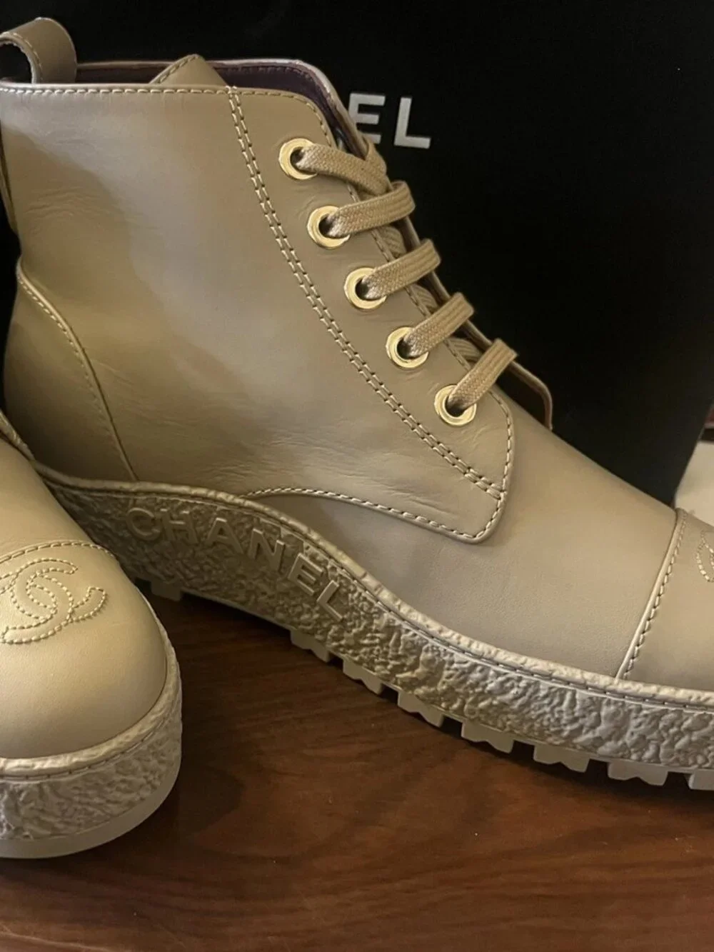 CHANEL CC Logo Beige Leather Turnlock Combat Boots